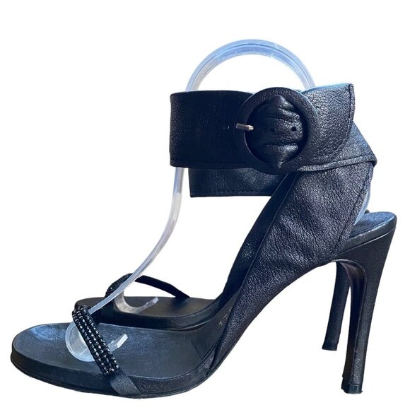 Pedro Garcia Black Leather Abby Jeweled Statement Buckle Heels - Picture 4 of 8